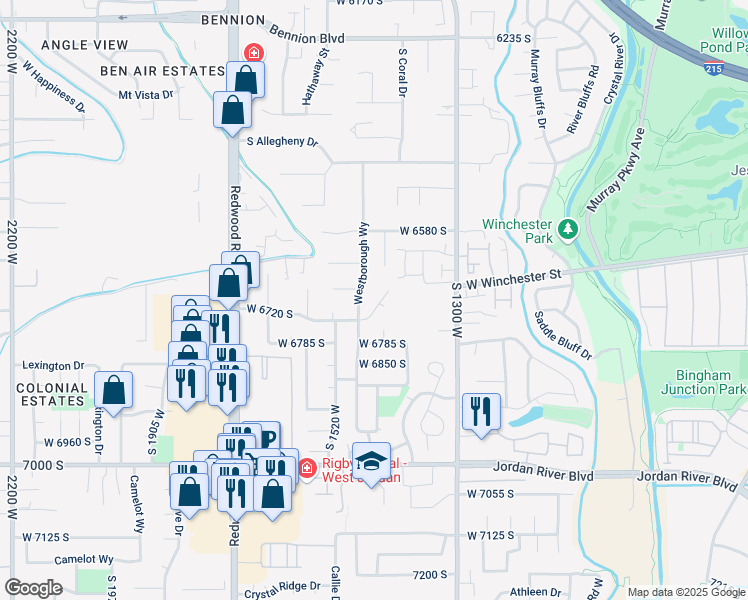 map of restaurants, bars, coffee shops, grocery stores, and more near 1430 West 6720 South in West Jordan