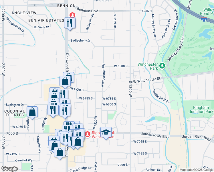 map of restaurants, bars, coffee shops, grocery stores, and more near 1430 West 6720 South in West Jordan