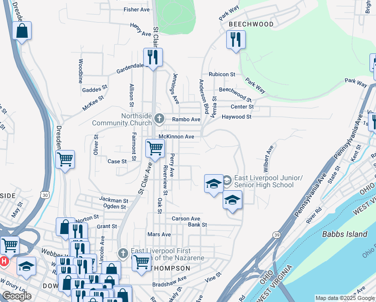 map of restaurants, bars, coffee shops, grocery stores, and more near 930 North Street in East Liverpool