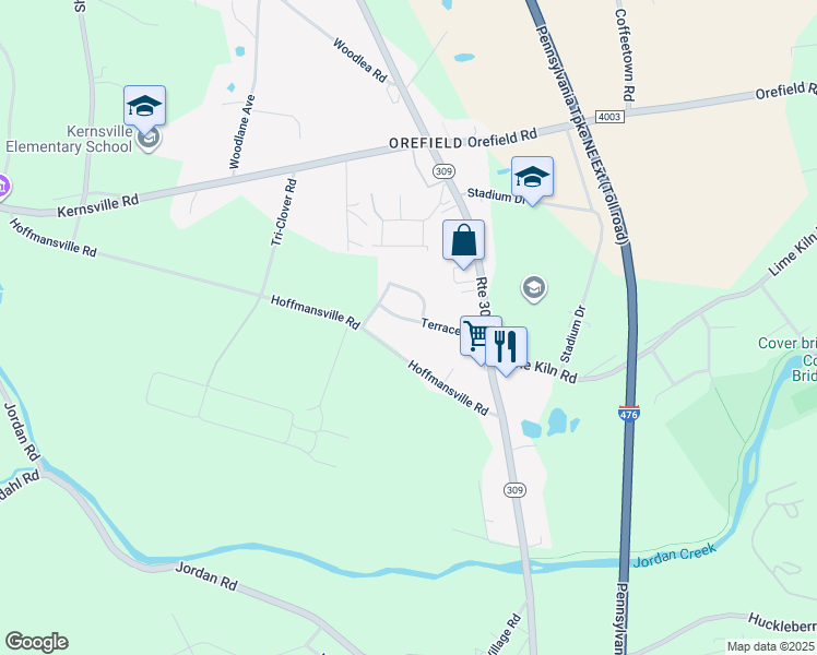 map of restaurants, bars, coffee shops, grocery stores, and more near 4710 Terrace Road in Lehigh County