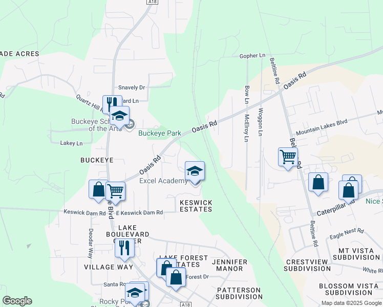 map of restaurants, bars, coffee shops, grocery stores, and more near 3711 Oasis Road in Redding
