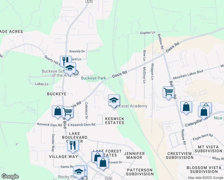 map of restaurants, bars, coffee shops, grocery stores, and more near 3711 Oasis Road in Redding