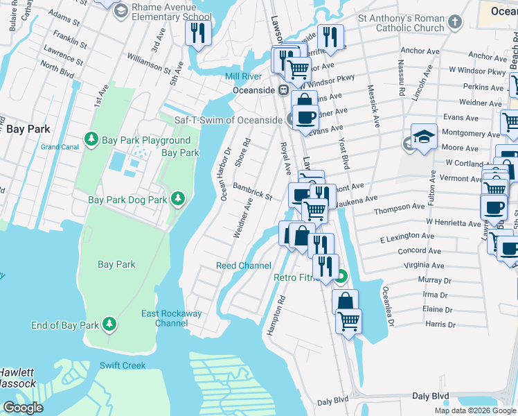 map of restaurants, bars, coffee shops, grocery stores, and more near 3347 Elliott Boulevard in Oceanside