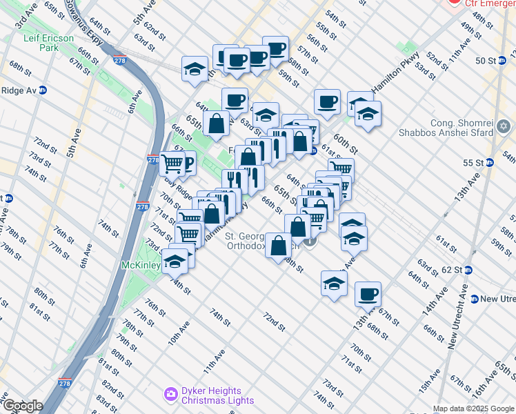 map of restaurants, bars, coffee shops, grocery stores, and more near 966 67th Street in Brooklyn