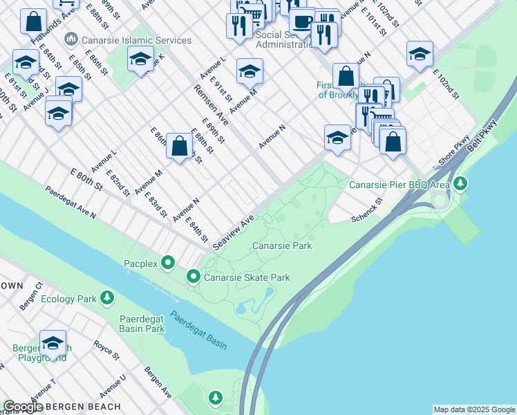 map of restaurants, bars, coffee shops, grocery stores, and more near 1981 East 88th Street in Brooklyn