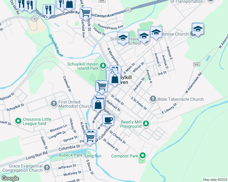 map of restaurants, bars, coffee shops, grocery stores, and more near 18 East Main Street in Schuylkill Haven