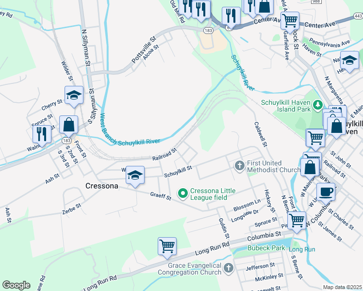 map of restaurants, bars, coffee shops, grocery stores, and more near 161 Railroad Street in Cressona
