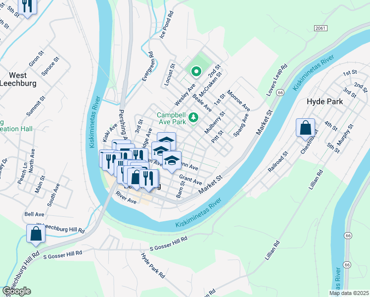 map of restaurants, bars, coffee shops, grocery stores, and more near 318 3181/2 Harrison Avenue in Leechburg