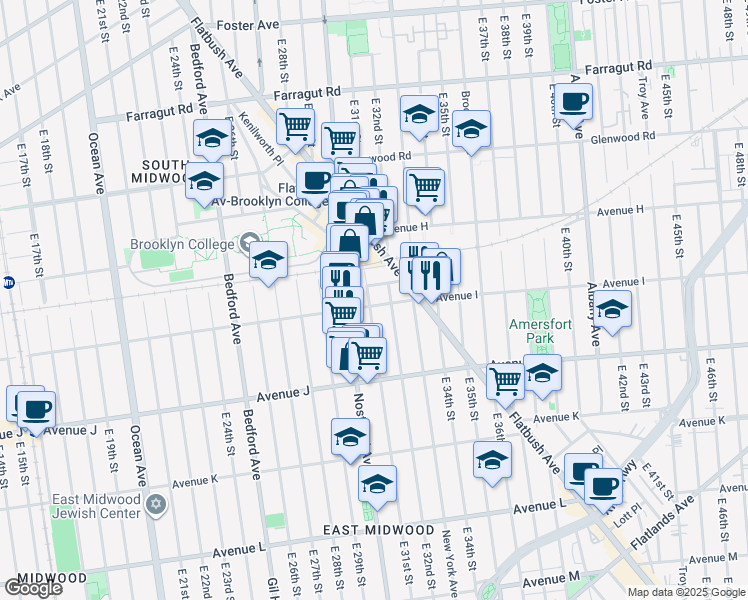 map of restaurants, bars, coffee shops, grocery stores, and more near 3101 Avenue I in Brooklyn