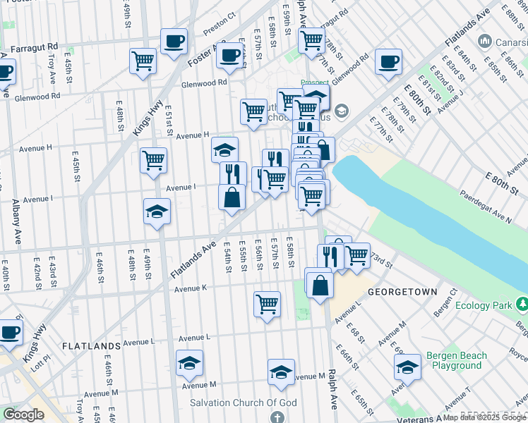 map of restaurants, bars, coffee shops, grocery stores, and more near 968 East 57th Street in Brooklyn