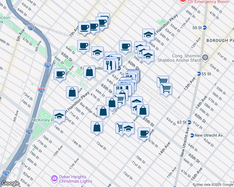 map of restaurants, bars, coffee shops, grocery stores, and more near 1045 65th Street in Brooklyn