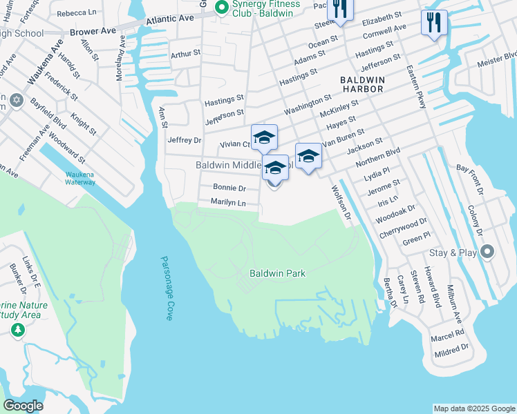 map of restaurants, bars, coffee shops, grocery stores, and more near 3211 Schreiber Place in Baldwin