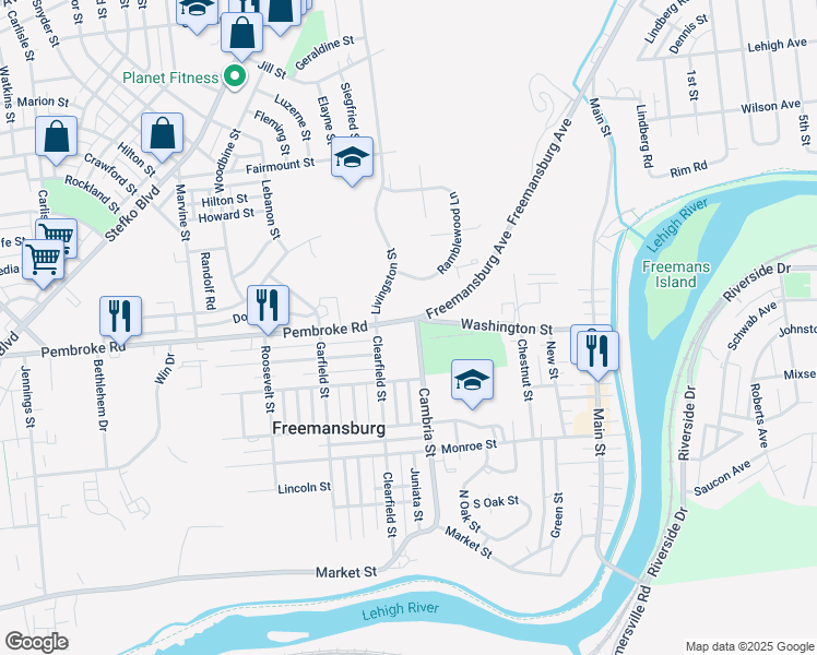 map of restaurants, bars, coffee shops, grocery stores, and more near 708 Cambria Street in Freemansburg