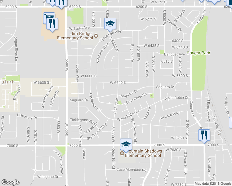 map of restaurants, bars, coffee shops, grocery stores, and more near 5314 Saguaro Drive in West Jordan