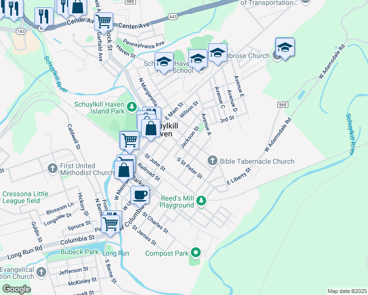 map of restaurants, bars, coffee shops, grocery stores, and more near 117 High Street in Schuylkill Haven