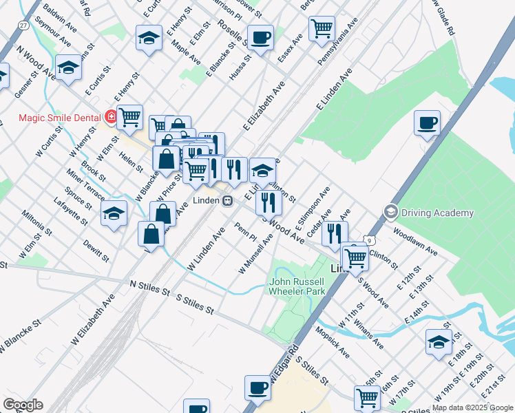 map of restaurants, bars, coffee shops, grocery stores, and more near 103 South Wood Avenue in Linden