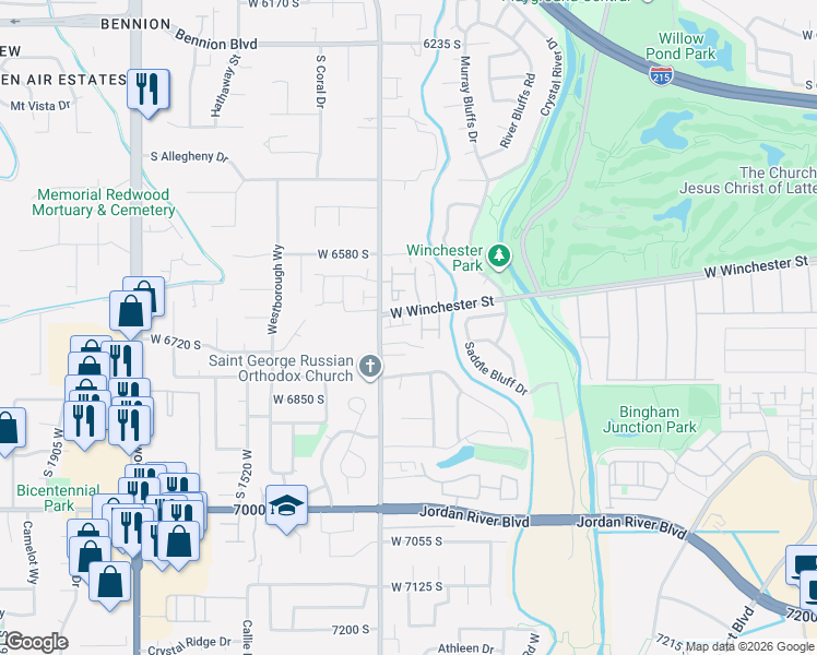 map of restaurants, bars, coffee shops, grocery stores, and more near 6687 1300 West in West Jordan