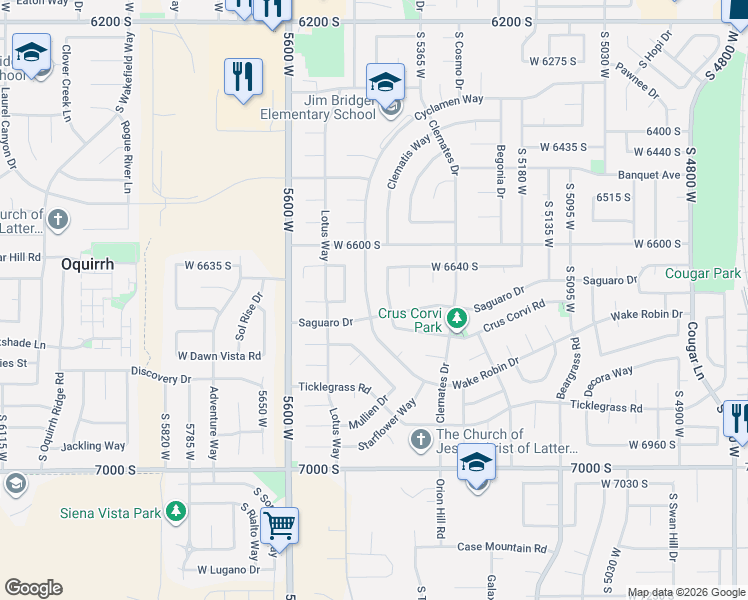 map of restaurants, bars, coffee shops, grocery stores, and more near 6699 South Cyclamen Square in West Jordan