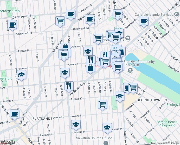 map of restaurants, bars, coffee shops, grocery stores, and more near 1145 East 55th Street in Brooklyn