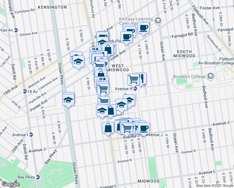 map of restaurants, bars, coffee shops, grocery stores, and more near 824 East 12th Street in Brooklyn