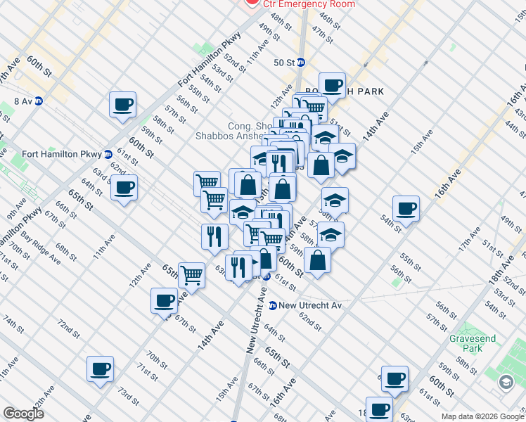map of restaurants, bars, coffee shops, grocery stores, and more near 5810 New Utrecht Avenue in Brooklyn