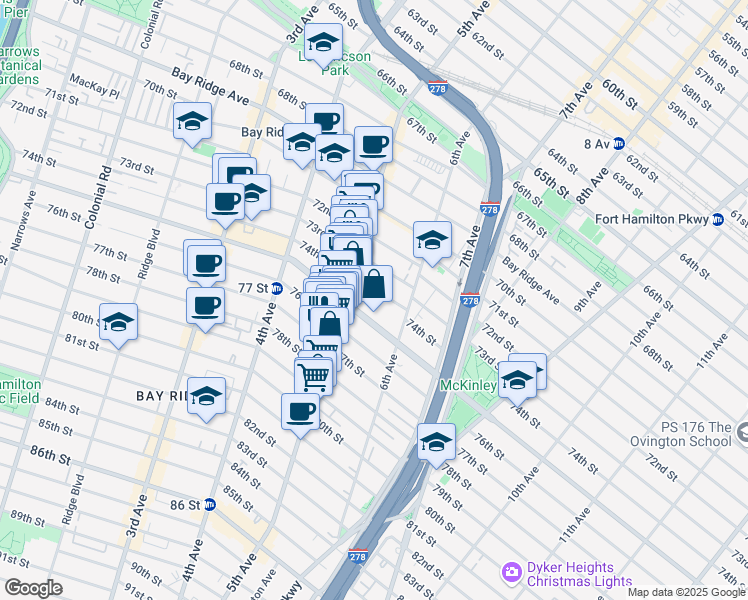 map of restaurants, bars, coffee shops, grocery stores, and more near 530 Bay Ridge Parkway in Brooklyn
