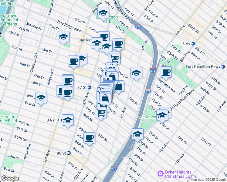 map of restaurants, bars, coffee shops, grocery stores, and more near 530 Bay Ridge Parkway in Brooklyn