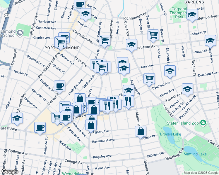 map of restaurants, bars, coffee shops, grocery stores, and more near 117 Dubois Avenue in Staten Island