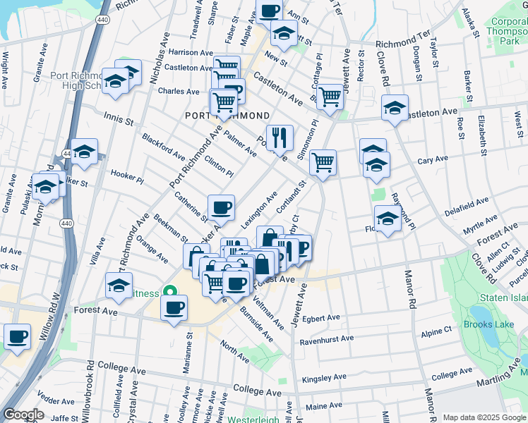 map of restaurants, bars, coffee shops, grocery stores, and more near 101 Lexington Avenue in Staten Island