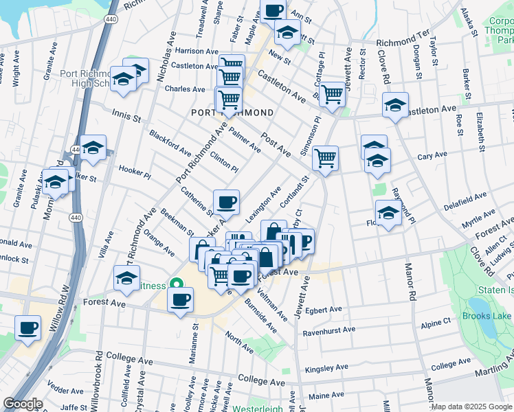 map of restaurants, bars, coffee shops, grocery stores, and more near 101 Lexington Avenue in Staten Island