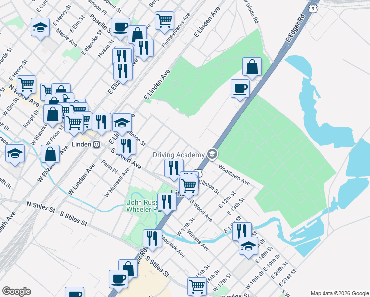 map of restaurants, bars, coffee shops, grocery stores, and more near 138 Liberty Street in Linden