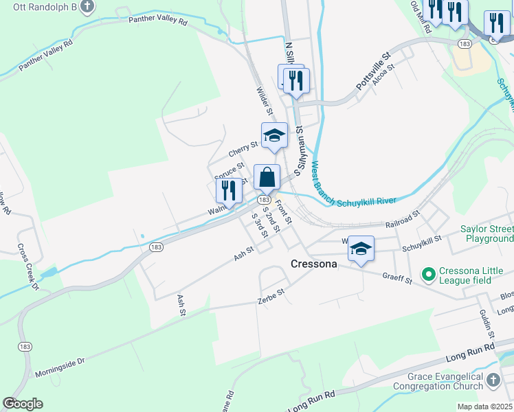 map of restaurants, bars, coffee shops, grocery stores, and more near 41 Chestnut Street in Cressona