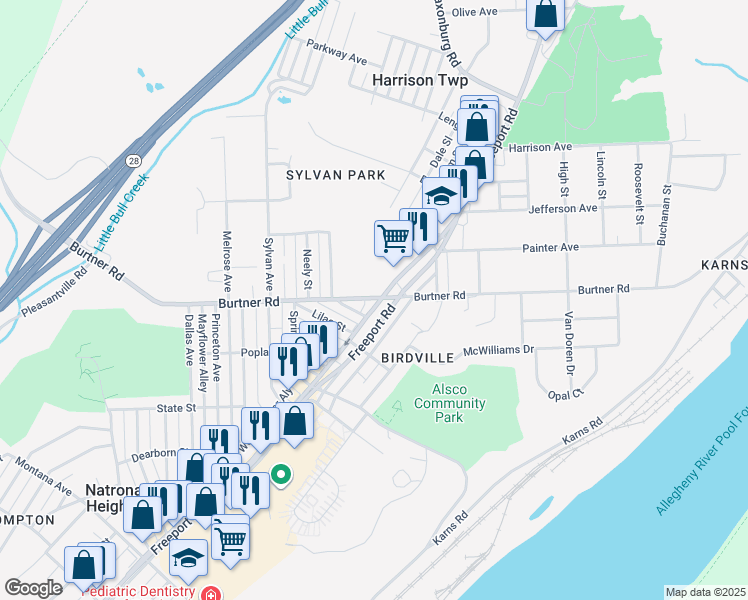 map of restaurants, bars, coffee shops, grocery stores, and more near in Natrona Heights