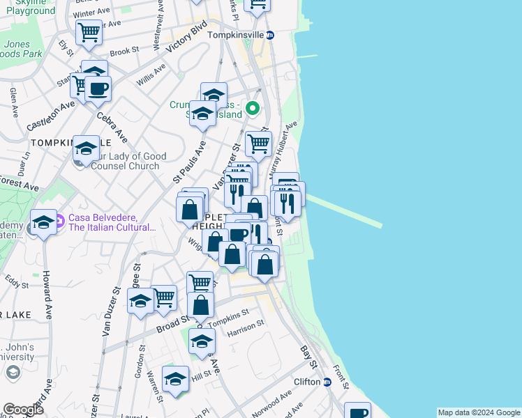 map of restaurants, bars, coffee shops, grocery stores, and more near 28 Sands Street in Staten Island