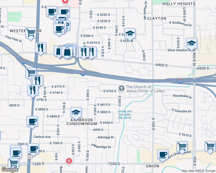 map of restaurants, bars, coffee shops, grocery stores, and more near 430 Acoma Road in Midvale