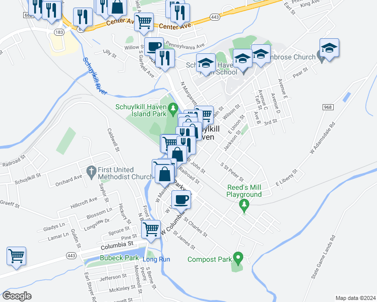 map of restaurants, bars, coffee shops, grocery stores, and more near 12 East Main Street in Schuylkill Haven