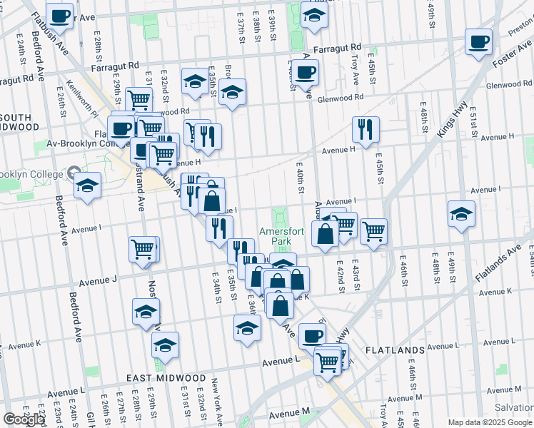 map of restaurants, bars, coffee shops, grocery stores, and more near 1050 East 38th Street in Brooklyn