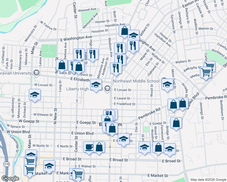 map of restaurants, bars, coffee shops, grocery stores, and more near 1124 Linden Street in Bethlehem