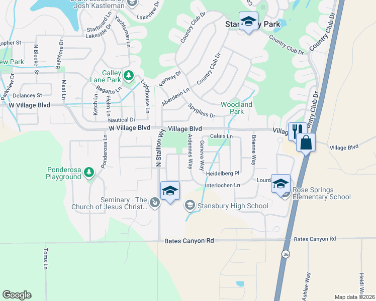 map of restaurants, bars, coffee shops, grocery stores, and more near 115 Strasbourg Lane in Stansbury Park