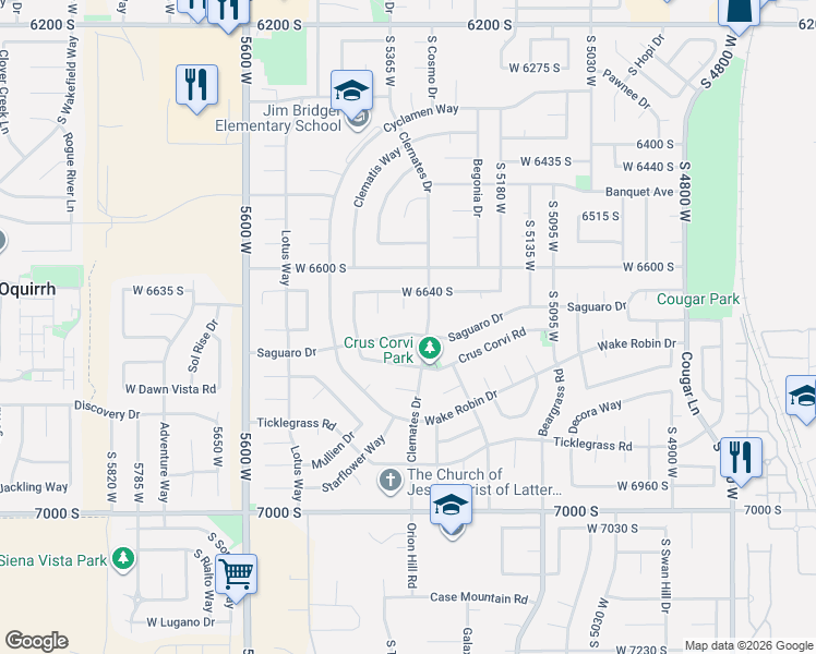 map of restaurants, bars, coffee shops, grocery stores, and more near 5353 Saguaro Drive in West Jordan