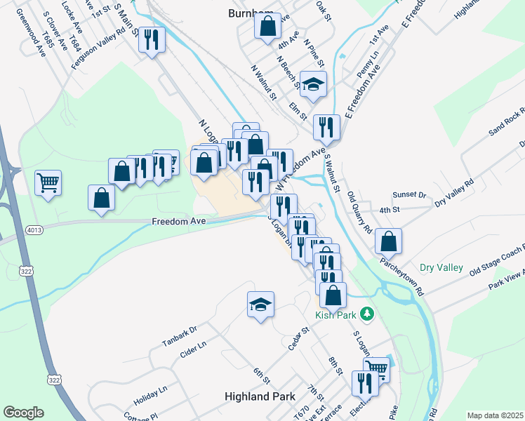 map of restaurants, bars, coffee shops, grocery stores, and more near 104 North Logan Boulevard in Burnham