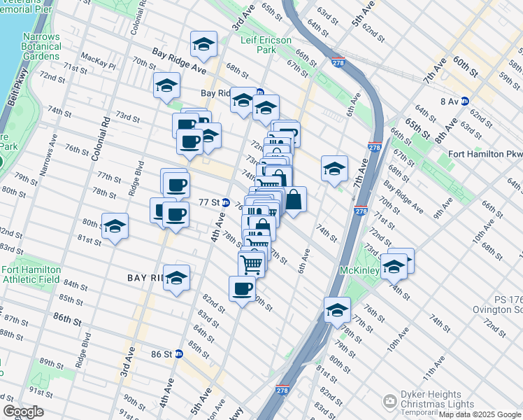 map of restaurants, bars, coffee shops, grocery stores, and more near 476 Bay Ridge Parkway in Brooklyn