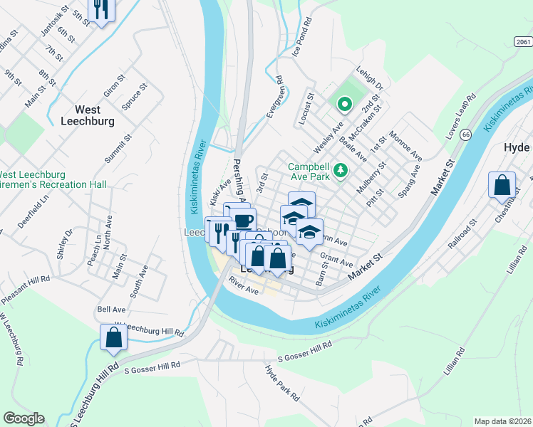 map of restaurants, bars, coffee shops, grocery stores, and more near 155 Siberian Avenue in Leechburg