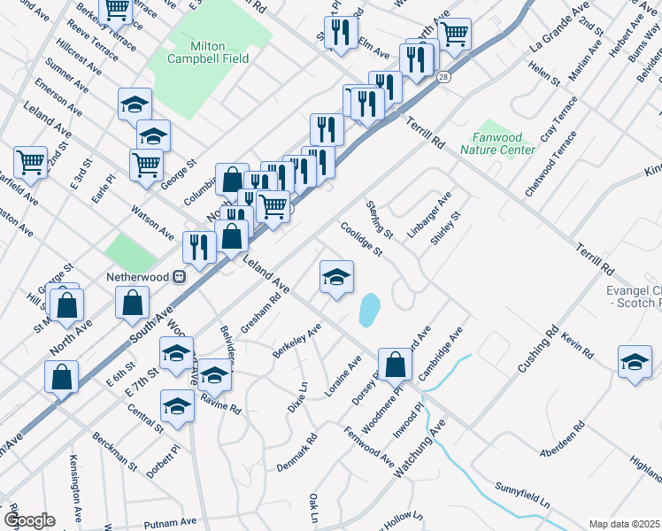 map of restaurants, bars, coffee shops, grocery stores, and more near 1239 Lansdowne Terrace in Plainfield