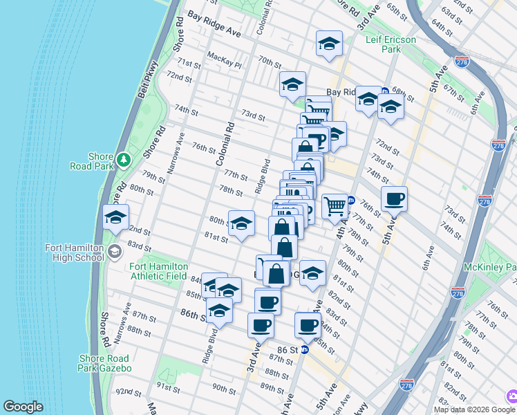 map of restaurants, bars, coffee shops, grocery stores, and more near 220 79th Street in Brooklyn