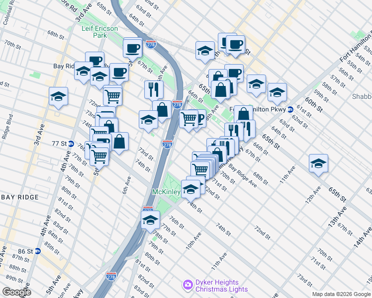 map of restaurants, bars, coffee shops, grocery stores, and more near 802 70th Street in Brooklyn