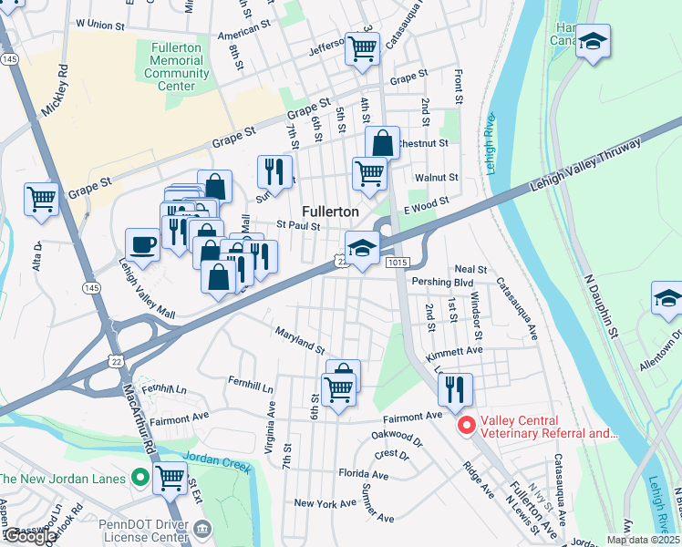 map of restaurants, bars, coffee shops, grocery stores, and more near 602 5th Street in Whitehall