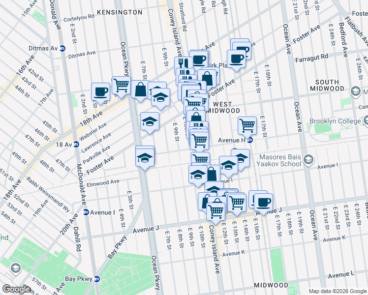 map of restaurants, bars, coffee shops, grocery stores, and more near 824 Avenue H in Brooklyn