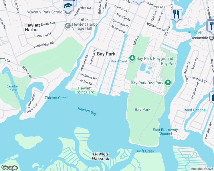 map of restaurants, bars, coffee shops, grocery stores, and more near 118 West Boulevard in East Rockaway