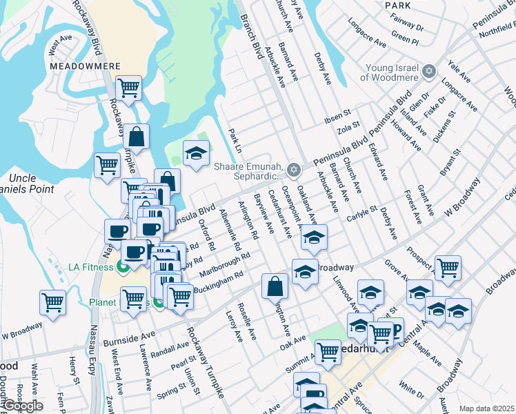 map of restaurants, bars, coffee shops, grocery stores, and more near 510 Arlington Road in Cedarhurst